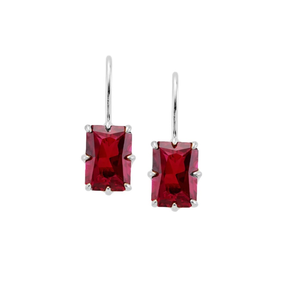 EMILE RADIANT CUT 8-PRONG LAB RED SAPPHIRE EARRINGS, SILVER